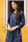 Blue Slub Cotton Kurta with Ajrakh Patchwork