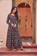 Hand Blocked Ajrakh Printed Black Anarkali Dress
